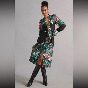 Anthropologie Black and Green Floral Midi Dress